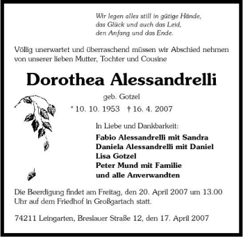 Traueranzeige von Dorothea Alessandrelli 