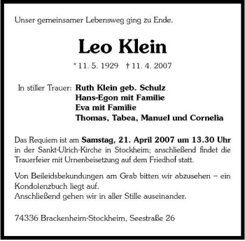 Traueranzeige von Leo Klein 