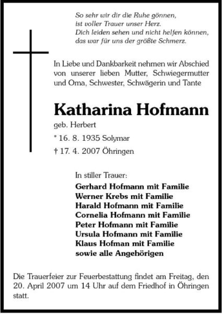  Traueranzeige für Katharina Hofmann vom 18.04.2007 aus 