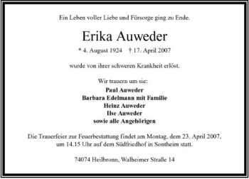 Traueranzeige von Erika Auweder 