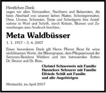 Traueranzeige von Meta Waldbüsser 