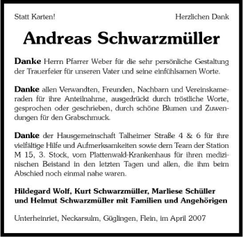 Traueranzeige von Andreas Schwarzmüller 