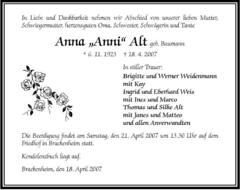 Traueranzeige von Anna Alt 