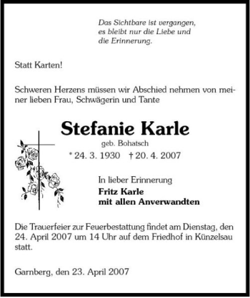 Traueranzeige von Stefanie Karle 