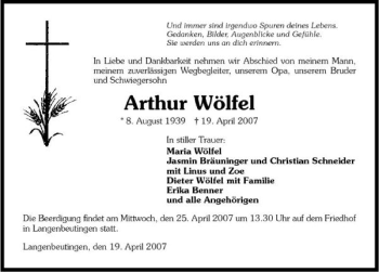 Traueranzeige von Arthur Wölfel 