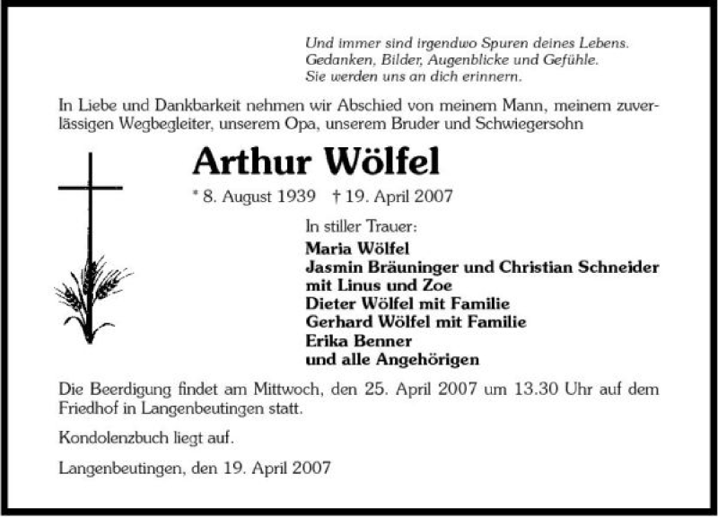 Traueranzeige für Arthur Wölfel vom 24.04.2007 aus 