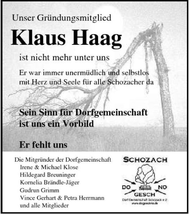  Traueranzeige für Klaus Haag vom 25.04.2007 aus 
