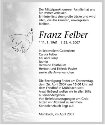 Traueranzeige von Franz Felber 