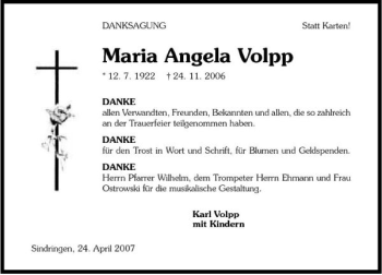 Traueranzeige von Maria Angela Volpp 