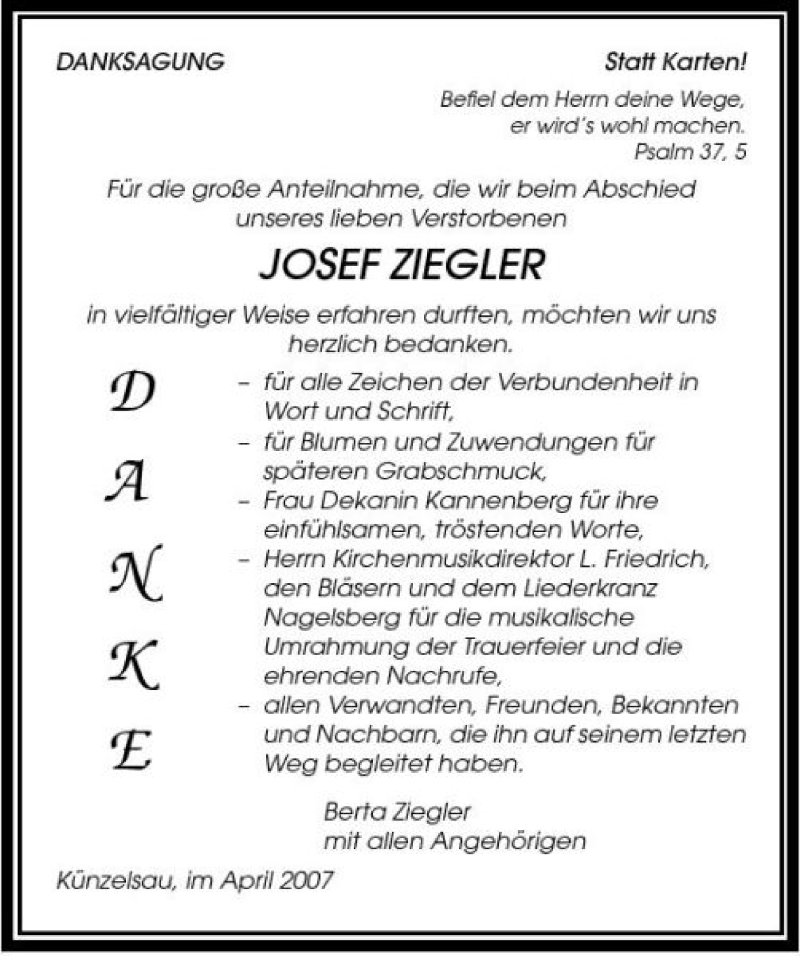  Traueranzeige für Josef Ziegler vom 26.04.2007 aus 