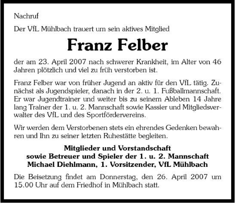  Traueranzeige für Franz Felber vom 25.04.2007 aus 