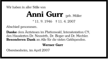 Traueranzeige von Anni Gurr 