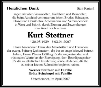 Traueranzeige von Kurt Stettner 