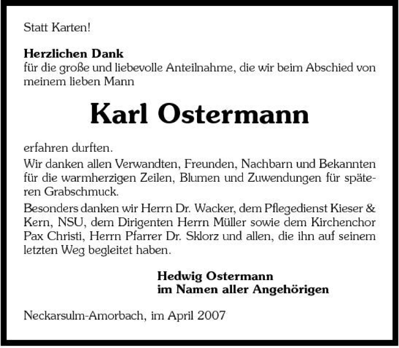  Traueranzeige für Karl Ostermann vom 26.04.2007 aus 