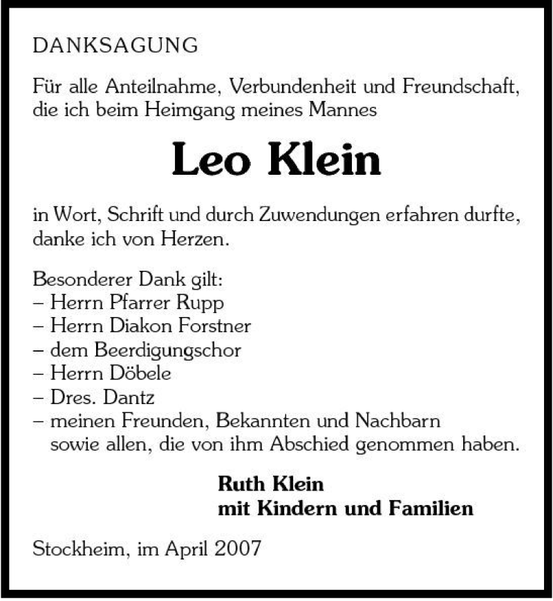 Traueranzeige für Leo Klein vom 27.04.2007 aus 