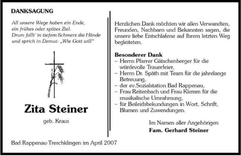  Traueranzeige für Zita Steiner vom 28.04.2007 aus 