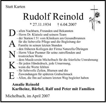 Traueranzeige von Rudolf Reinold 