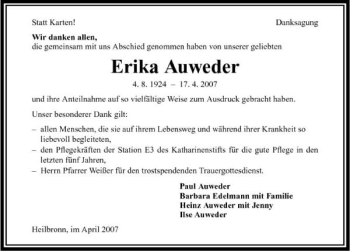 Traueranzeige von Erika Auweder 