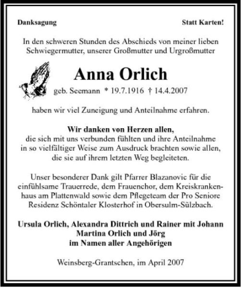 Traueranzeige von Anna Orlich 