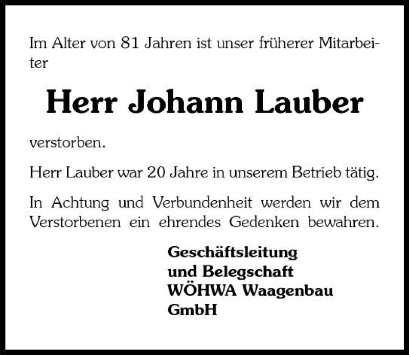  Traueranzeige für Johann Lauber vom 20.06.2009 aus 
