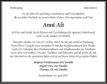Traueranzeige von Anni Alt 