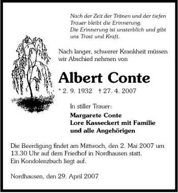 Traueranzeige von Albert Conte 