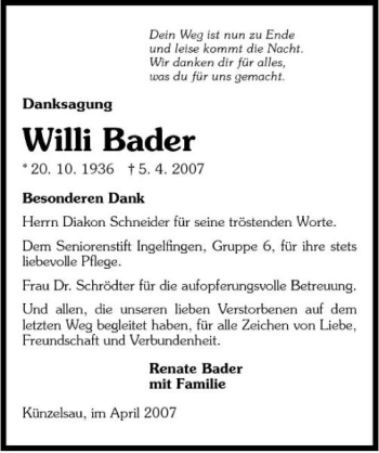 Traueranzeige von Willi Bader 