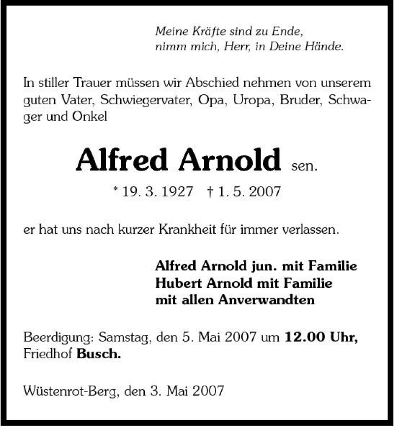  Traueranzeige für Alfred Arnold vom 03.05.2007 aus 