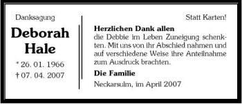 Traueranzeige von Deborah Hale 