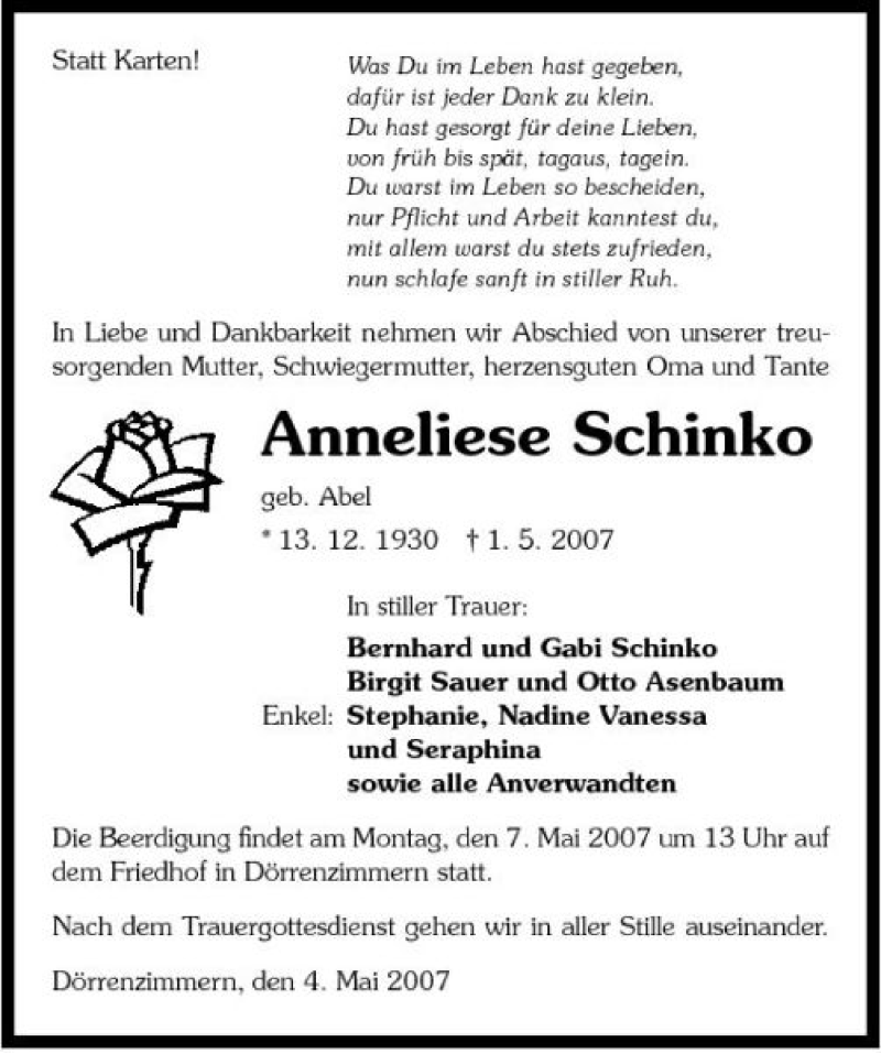  Traueranzeige für Anneliese Schinko vom 04.05.2007 aus 