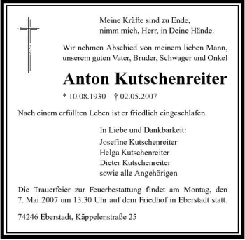 Traueranzeige von Anton Kutschenreiter 
