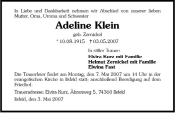 Traueranzeige von Adeline Klein 