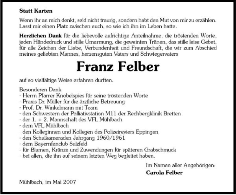  Traueranzeige für Franz Felber vom 05.05.2007 aus 