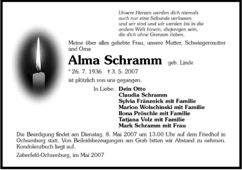  Traueranzeige für Alma Schramm vom 05.05.2007 aus 