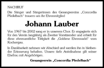 Traueranzeige von Johann Lauber 