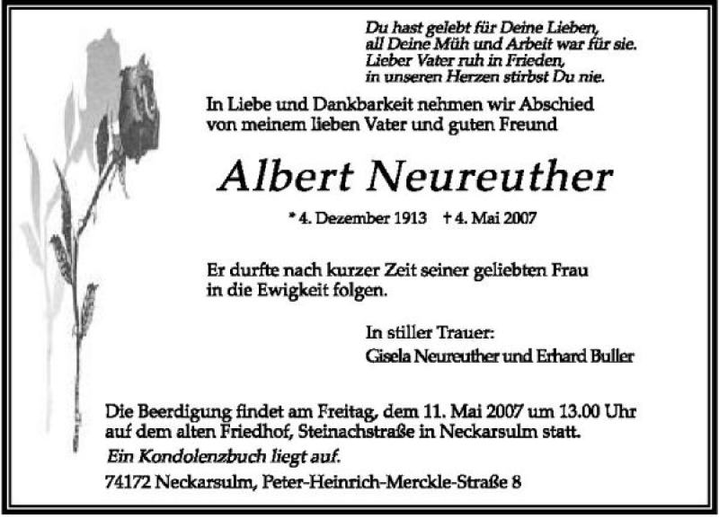  Traueranzeige für Albert Neureuther vom 08.05.2007 aus 