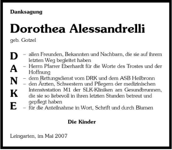 Traueranzeige von Dorothea Alessandrelli 