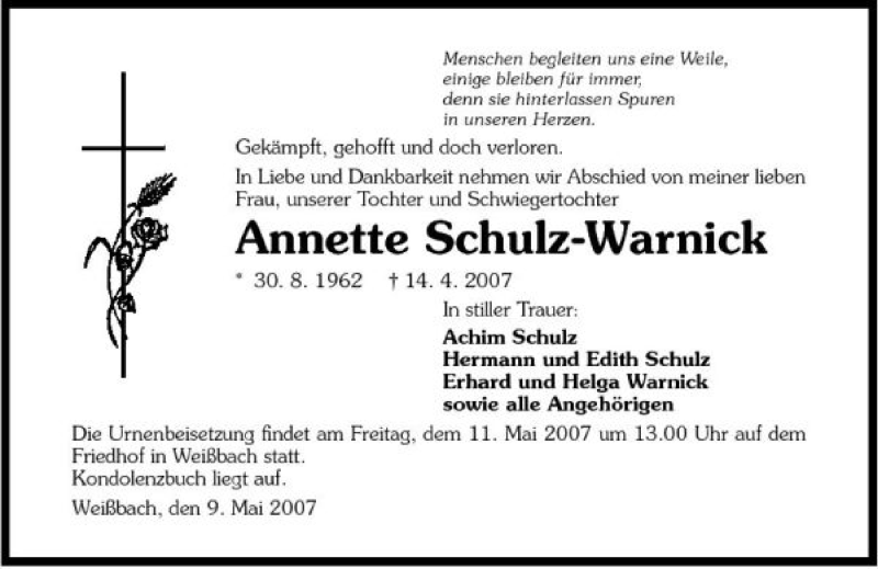  Traueranzeige für Annette Schulz-Warnick vom 09.05.2007 aus 