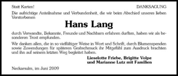 Traueranzeige von Hans Lang 