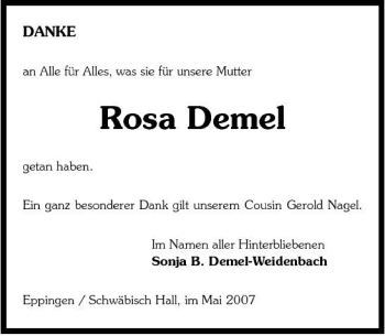Traueranzeige von Rosa Demel 