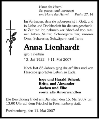 Traueranzeige von Anna Lienhardt 