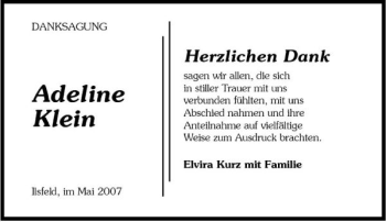 Traueranzeige von Adeline Klein 