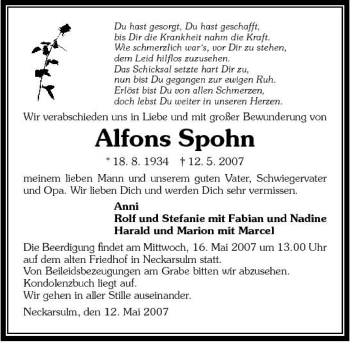 Traueranzeige von Alfons Spohn 