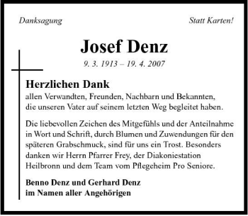 Traueranzeige von Josef Denz 