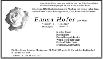 Traueranzeige von Emma Hofer 