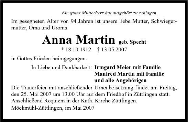  Traueranzeige für Anna Martin vom 23.05.2007 aus 