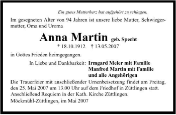 Traueranzeige von Anna Martin 