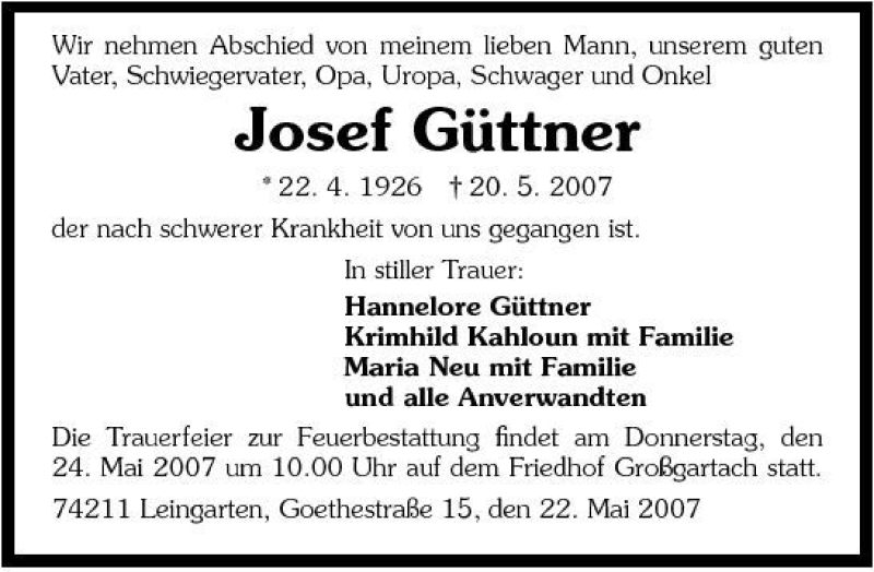  Traueranzeige für Josef Güttner vom 22.05.2007 aus 