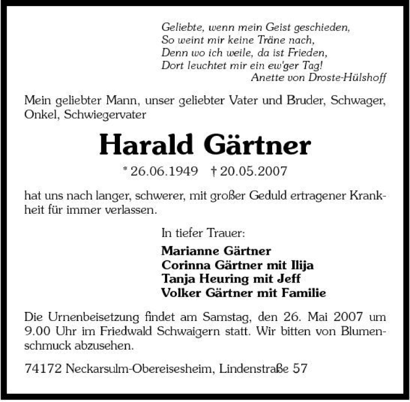 Traueranzeige für Harald Gärtner vom 23.05.2007 aus 