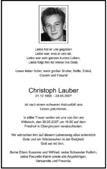Traueranzeige von Christoph Lauber 